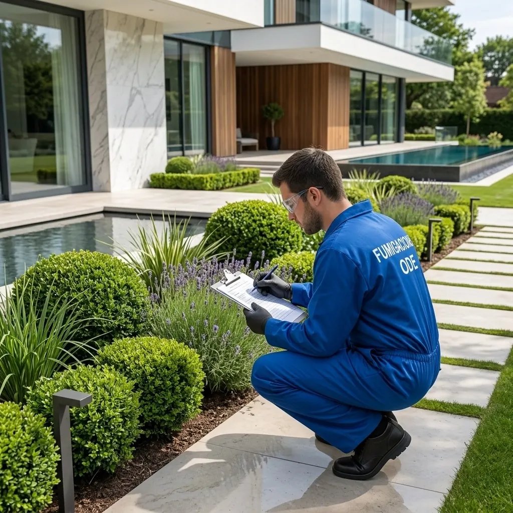 Técnico de Fumigación CDE revisando el jardín de una residencia