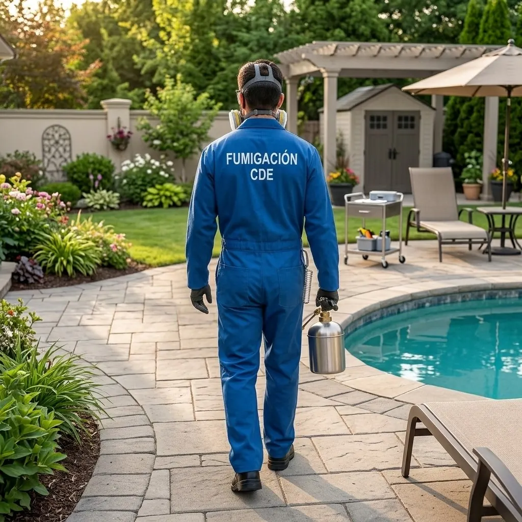 Técnico de Fumigación CDE en área de piscina y jardín